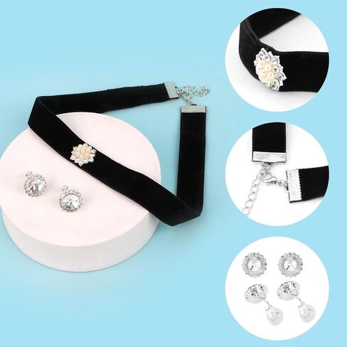 Princess Costume Accessories Set for Women, Blue Headband, Black Velvet Choker Necklace, Clip-on Earrings and Long Satin Gloves, Halloween Cosplay, Birthday Party Dress Up in Kuwait