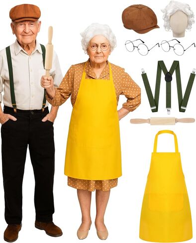 Mepase 7 Pcs Halloween Grandpa and Granny Couple Costume Accessories Include Yellow Apron Wig Round Glasses Newsboy Cap Suspenders with Wooden Rolling Pin for Adults Halloween Cosplay Outfits in Saudi Arabia