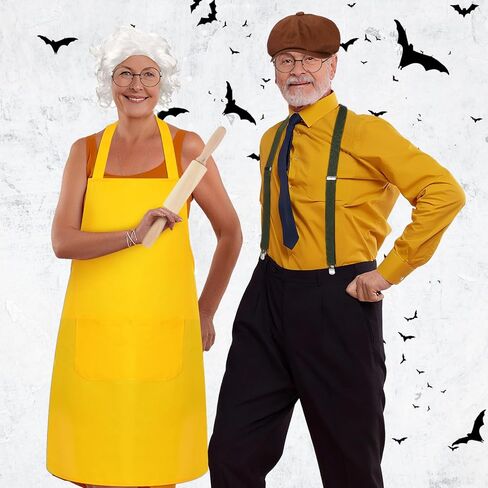 Mepase 7 Pcs Halloween Grandpa and Granny Couple Costume Accessories Include Yellow Apron Wig Round Glasses Newsboy Cap Suspenders with Wooden Rolling Pin for Adults Halloween Cosplay Outfits in Saudi Arabia