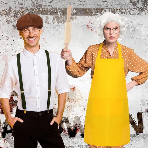 Mepase 7 Pcs Halloween Grandpa and Granny Couple Costume Accessories Include Yellow Apron Wig Round Glasses Newsboy Cap Suspenders with Wooden Rolling Pin for Adults Halloween Cosplay Outfits in Saudi Arabia