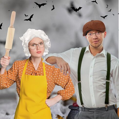 Mepase 7 Pcs Halloween Grandpa and Granny Couple Costume Accessories Include Yellow Apron Wig Round Glasses Newsboy Cap Suspenders with Wooden Rolling Pin for Adults Halloween Cosplay Outfits in Saudi Arabia