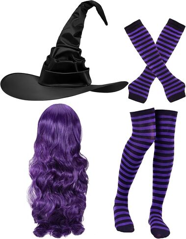 Halloween Witch Costumes Set - 4 Pcs Witch Hat with Long Curly Wig Striped Stockings Arm Warmers for Women Cosplay in Kuwait