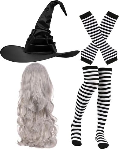 Halloween Witch Costumes Set - 4 Pcs Witch Hat with Long Curly Wig Striped Stockings Arm Warmers for Women Cosplay in Kuwait