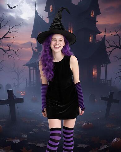 Halloween Witch Costumes Set - 4 Pcs Witch Hat with Long Curly Wig Striped Stockings Arm Warmers for Women Cosplay in Kuwait
