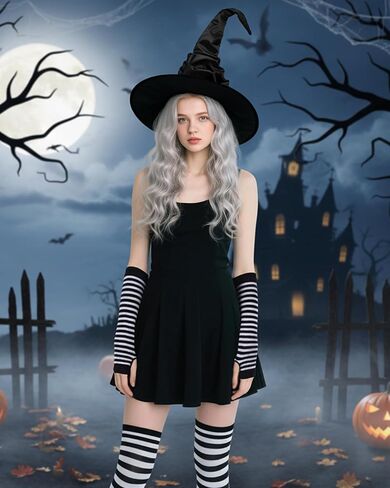 Halloween Witch Costumes Set - 4 Pcs Witch Hat with Long Curly Wig Striped Stockings Arm Warmers for Women Cosplay in Kuwait