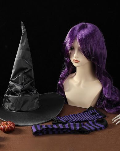 Halloween Witch Costumes Set - 4 Pcs Witch Hat with Long Curly Wig Striped Stockings Arm Warmers for Women Cosplay in Kuwait