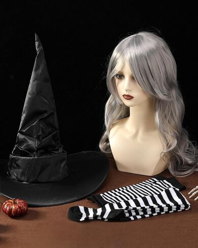 Halloween Witch Costumes Set - 4 Pcs Witch Hat with Long Curly Wig Striped Stockings Arm Warmers for Women Cosplay in Kuwait