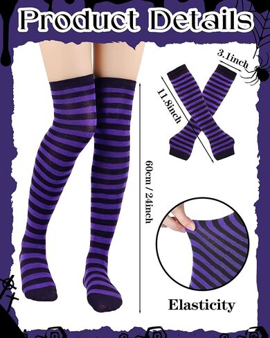 Halloween Witch Costumes Set - 4 Pcs Witch Hat with Long Curly Wig Striped Stockings Arm Warmers for Women Cosplay in Kuwait