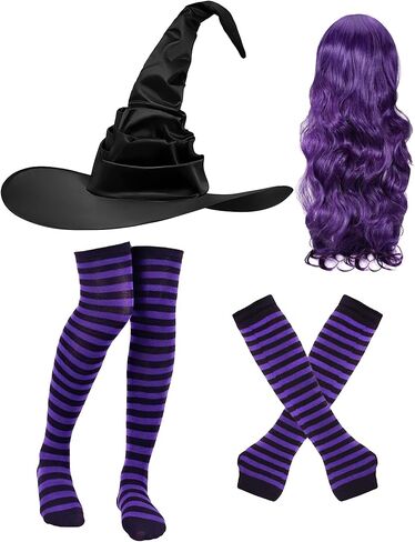 Halloween Witch Costumes Set - 4 Pcs Witch Hat with Long Curly Wig Striped Stockings Arm Warmers for Women Cosplay in Kuwait