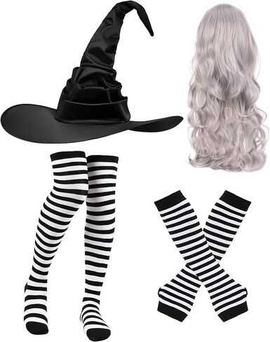 Halloween Witch Costumes Set - 4 Pcs Witch Hat with Long Curly Wig Striped Stockings Arm Warmers for Women Cosplay in Kuwait