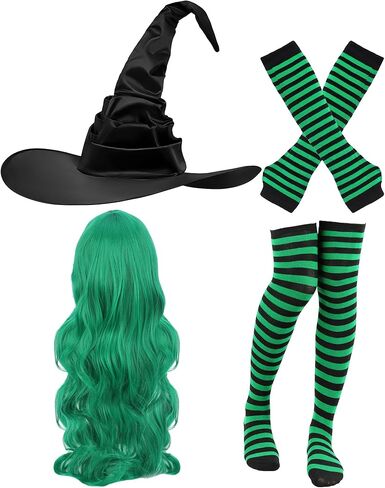 Halloween Witch Costumes Set - 4 Pcs Witch Hat with Long Curly Wig Striped Stockings Arm Warmers for Women Cosplay in Kuwait