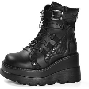 Gothniero Platform Goth Ankle Boots for Womem Black Holographic Combat Chunky Heel Boots with Side Zip Lace Up Wedge Booties US5.5-11 in Kuwait