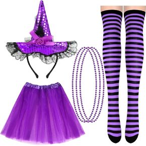 Suhine 4 Pcs Halloween Witch Costume Set for Women Halloween Witch Headband Tutu Necklace Striped Sock Accessories for Party in Saudi Arabia