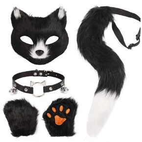 4 Pcs Faux Fur Therian Mask and Tail Set for Women Halloween Furry Cat Ears Fox Mask Paw Tail Choker Cos Accessories in Saudi Arabia