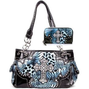 Western Cross Leopard Handbag Rhinestone Pocket Purse With Matching Wallet (BLUE) in Saudi Arabia