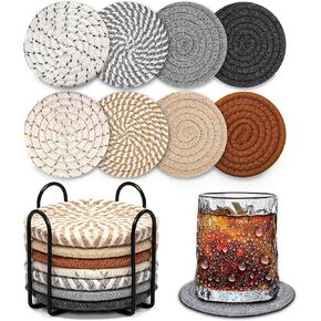 Woven Coasters Set of 8, Absorbent Drink Coasters with Holder, Boho Cotton Coffee Cup Coaster for Table, Desk, Coffee Bar, Housewarming Gift (8 Colors,4.17 Inch) in Saudi Arabia