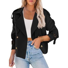 Trench Coat Women, Cropped Trench Coat for Women 2025, Double Breasted Notch Long Sleeve Jacket With Pockets Fall Outfit in Kuwait