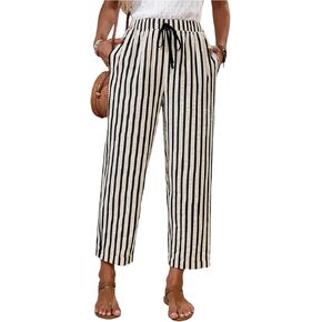 Women's Striped 3/4 Length Pants Straight Leg Drawstring Waist Cropped Pants Trousers with Pockets in Saudi Arabia