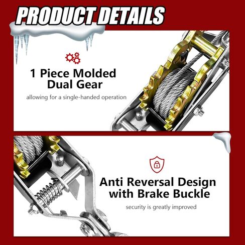 Cable Puller 5T with Two 1" x8FT Lifting Sling 2 Gears Come Along Power Ratchet Puller Tool with Cable 3 Hooks Cable Winch Puller for Construction Moving Securing Automotive. in Kuwait