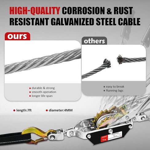 Cable Puller 5T with Two 1" x8FT Lifting Sling 2 Gears Come Along Power Ratchet Puller Tool with Cable 3 Hooks Cable Winch Puller for Construction Moving Securing Automotive. in Kuwait