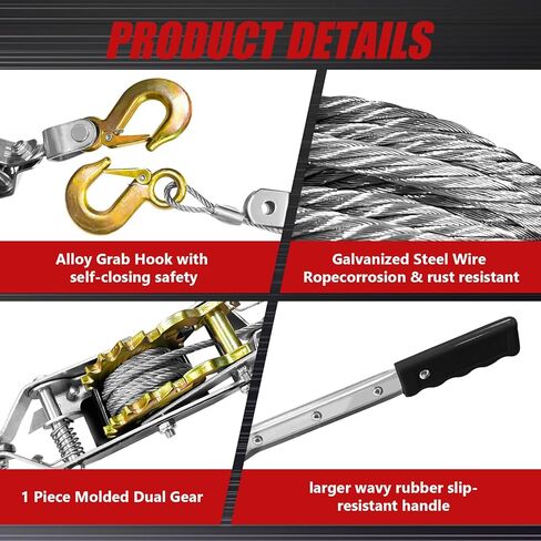 Cable Puller 5T with Two 1" x8FT Lifting Sling 2 Gears Come Along Power Ratchet Puller Tool with Cable 3 Hooks Cable Winch Puller for Construction Moving Securing Automotive. in Kuwait