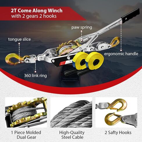 Cable Puller 5T with Two 1" x8FT Lifting Sling 2 Gears Come Along Power Ratchet Puller Tool with Cable 3 Hooks Cable Winch Puller for Construction Moving Securing Automotive. in Saudi Arabia
