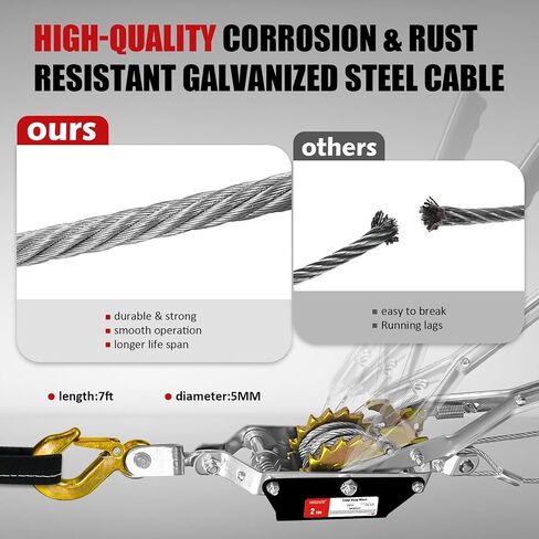 Cable Puller 5T with Two 1" x8FT Lifting Sling 2 Gears Come Along Power Ratchet Puller Tool with Cable 3 Hooks Cable Winch Puller for Construction Moving Securing Automotive. in Saudi Arabia