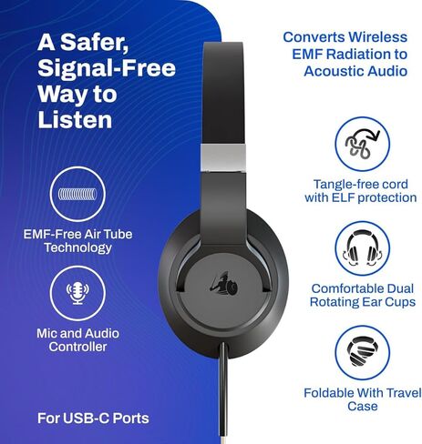 سماعات رأس فوق الأذن خالية من EMF للبالغين من DefenderShield - سماعة رأس استريو سلكية ذات أنبوب هواء عالمي مع ميكروفون وتحكم في مستوى الصوت in Kuwait