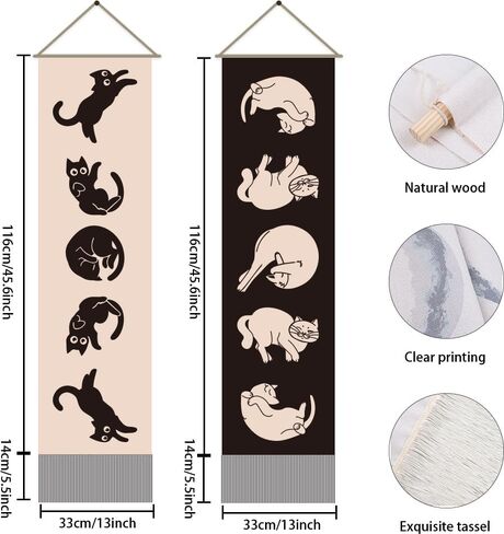 AHANDMAKER 2Pcs Cat Moon Phase Tapestry, Long Vertical Wall Hanging With Tassel, Kitten Aesthetic for Bedroom and Living Room (45.7x13 Inch) in Saudi Arabia