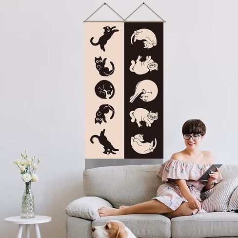 AHANDMAKER 2Pcs Cat Moon Phase Tapestry, Long Vertical Wall Hanging With Tassel, Kitten Aesthetic for Bedroom and Living Room (45.7x13 Inch) in Saudi Arabia