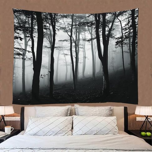 HWSSHW Misty Forest Tapestry Black and White Gothic Forest Foggy Nature Grey Tree Rustic Outdoor Halloween Wall Hanging Home Decor for Bedroom Dorm Living Room in Saudi Arabia