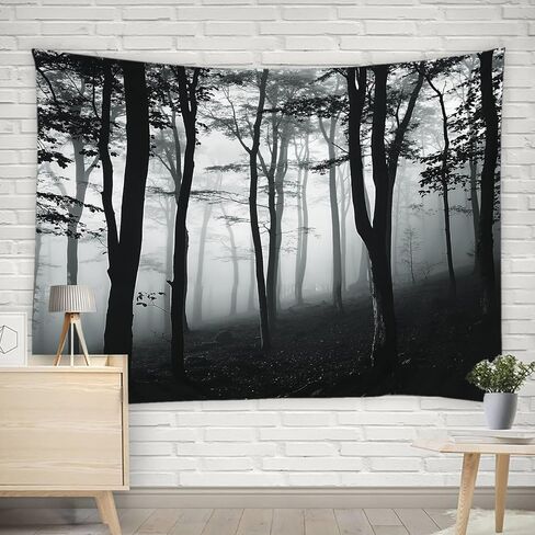 HWSSHW Misty Forest Tapestry Black and White Gothic Forest Foggy Nature Grey Tree Rustic Outdoor Halloween Wall Hanging Home Decor for Bedroom Dorm Living Room in Saudi Arabia