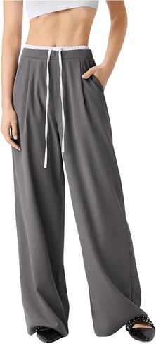 WDIRARA Women's Drawstring Waist Wide Leg Suit Pants Loose Trousers with Pockets in Saudi Arabia