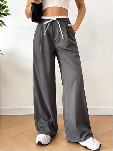 WDIRARA Women's Drawstring Waist Wide Leg Suit Pants Loose Trousers with Pockets in Saudi Arabia