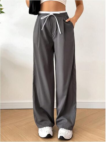 WDIRARA Women's Drawstring Waist Wide Leg Suit Pants Loose Trousers with Pockets in Saudi Arabia