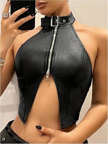 OYOANGLE Women's PU Leather Buckle Zipper Front Halter Tank Tops Y2k Backless Asymmetrical Hem Crop Top in Saudi Arabia