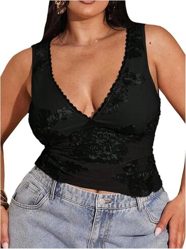 SHENHE Women's Plus Size Lace Trim Deep V Neck Tank Tops Sleeveless Going Out Top Rave Clubwear in Saudi Arabia