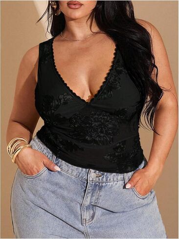 SHENHE Women's Plus Size Lace Trim Deep V Neck Tank Tops Sleeveless Going Out Top Rave Clubwear in Saudi Arabia