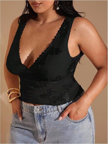 SHENHE Women's Plus Size Lace Trim Deep V Neck Tank Tops Sleeveless Going Out Top Rave Clubwear in Saudi Arabia