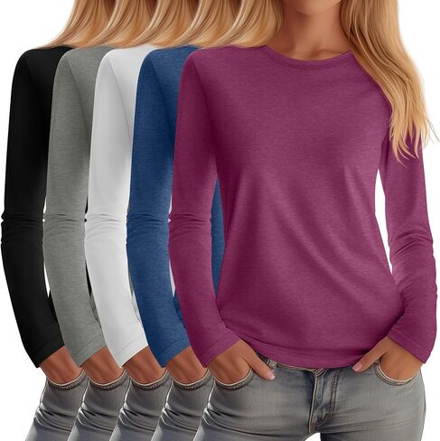 Huukeay 5 Pack Women's Crew Neck Long Sleeve Shirts, Cotton Blend Casual Clothes Workout Basic Layering Tee Tops Multipack in Saudi Arabia