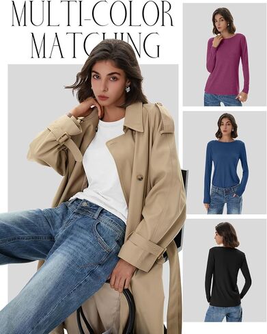 Huukeay 5 Pack Women's Crew Neck Long Sleeve Shirts, Cotton Blend Casual Clothes Workout Basic Layering Tee Tops Multipack in Saudi Arabia