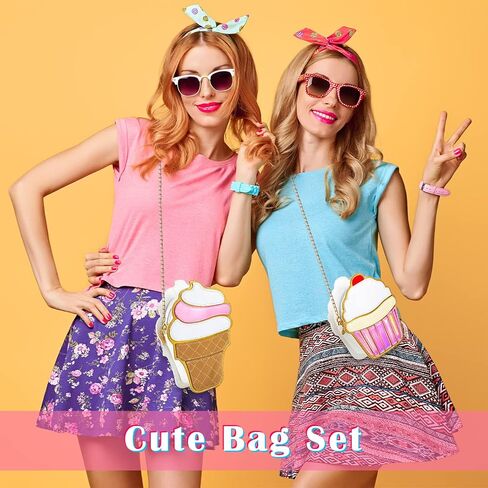 2 Pieces Cake and Ice Cream Crossbody Handbag - PU Shoulder Bag, Small Purse, Cell Phone Bag for Girls & Women in Saudi Arabia