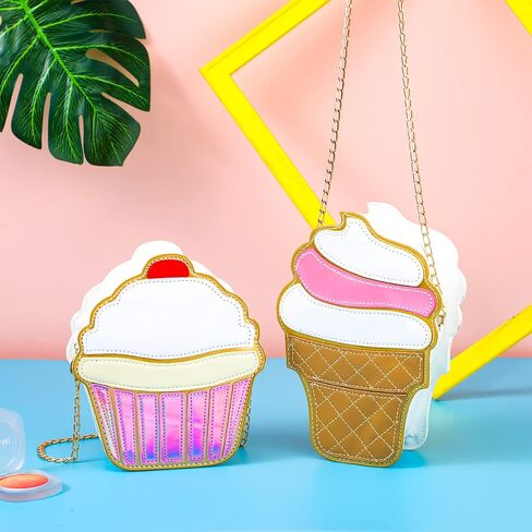 2 Pieces Cake and Ice Cream Crossbody Handbag - PU Shoulder Bag, Small Purse, Cell Phone Bag for Girls & Women in Saudi Arabia