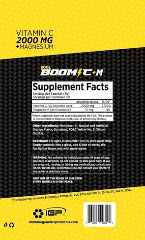 Immune & Genetics Protocols Kool Boom C+M - 30 Stick Packets - Vitamin C 2000 mg as Ascorbic Acid - Magnesium (Gluconate) Immune System Support in Saudi Arabia