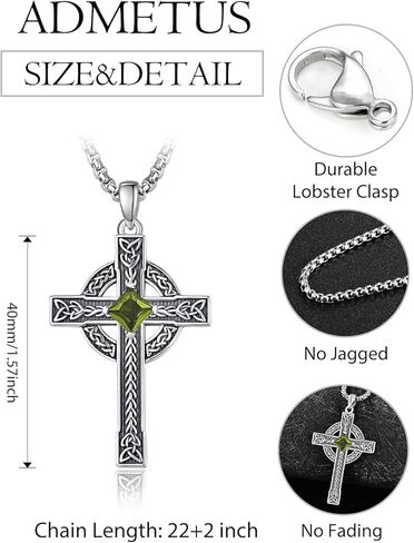 ADMETUS Celtic Cross Birthstone Necklace, 925 Sterling Silver Birthday Gifts, Good Luck Irish Jewelry, Multiple Styles and Colors, with 2.5mm 22"+2" Rolo Chain in Kuwait