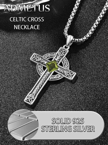 ADMETUS Celtic Cross Birthstone Necklace, 925 Sterling Silver Birthday Gifts, Good Luck Irish Jewelry, Multiple Styles and Colors, with 2.5mm 22"+2" Rolo Chain in Kuwait