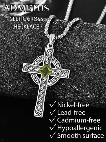 ADMETUS Celtic Cross Birthstone Necklace, 925 Sterling Silver Birthday Gifts, Good Luck Irish Jewelry, Multiple Styles and Colors, with 2.5mm 22"+2" Rolo Chain in Kuwait