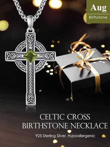 ADMETUS Celtic Cross Birthstone Necklace, 925 Sterling Silver Birthday Gifts, Good Luck Irish Jewelry, Multiple Styles and Colors, with 2.5mm 22"+2" Rolo Chain in Kuwait