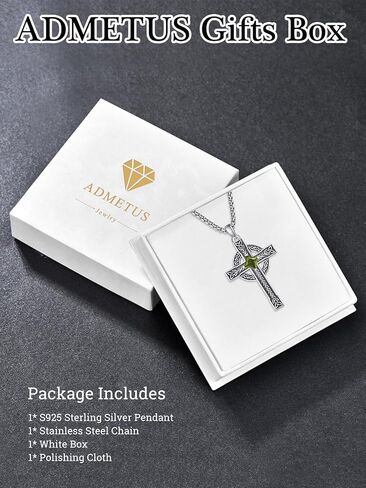ADMETUS Celtic Cross Birthstone Necklace, 925 Sterling Silver Birthday Gifts, Good Luck Irish Jewelry, Multiple Styles and Colors, with 2.5mm 22"+2" Rolo Chain in Kuwait