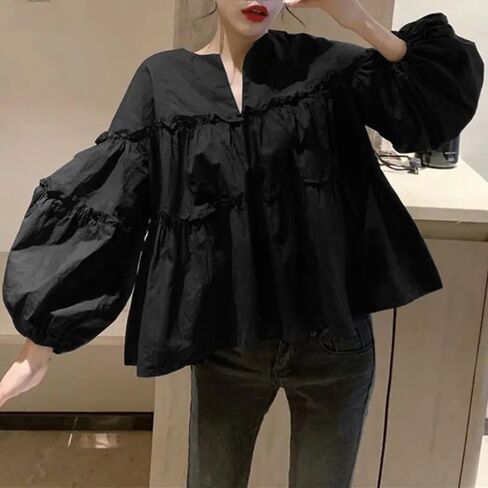 Women Cute Long Puff Sleeve Blouse Autumn Spring Eelgant Shirts Ruffles Kawaii Tops Casual Loose Clothes in Saudi Arabia